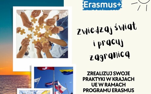 Plakat promujący program praktyk w Erasmusie